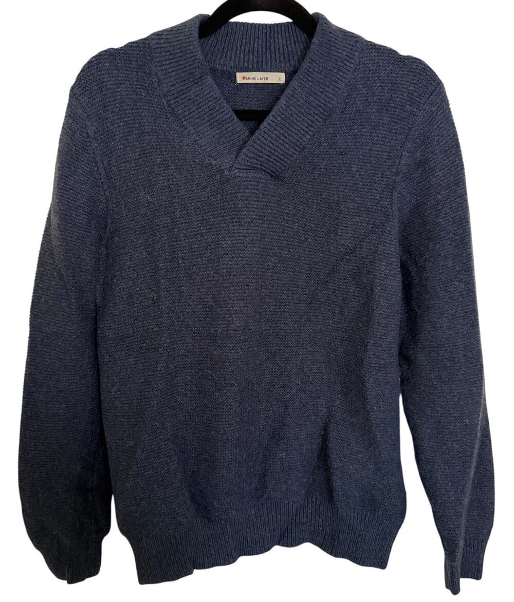 Marine Layer Navy Blue Wool Blend V-Neck Knit Sweater Large Minimalistic